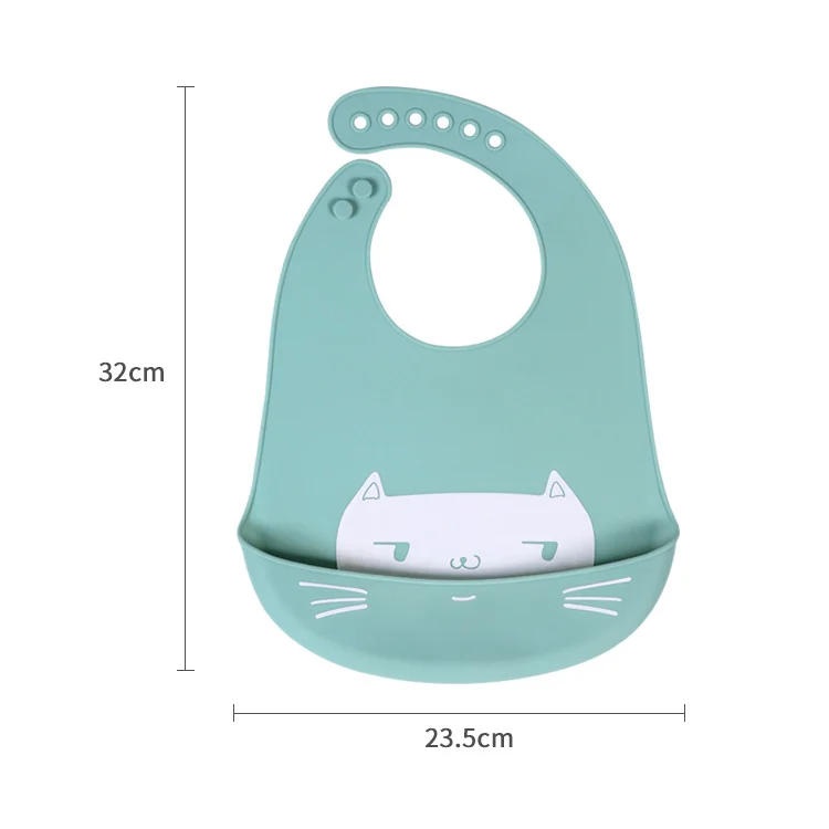 Silicone baby bib with the pocket open, showing how it catches spilled food