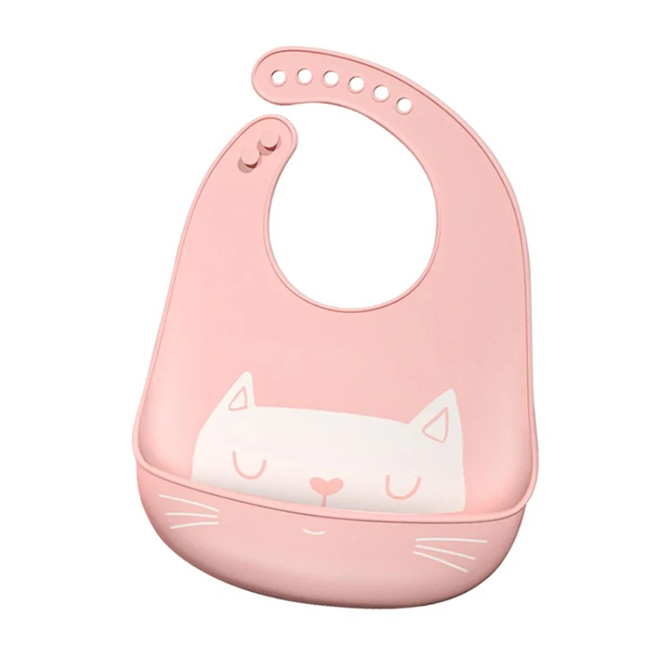 Silicone baby bib in pink, showing the wide open front pocket catching food