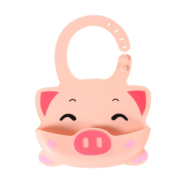 Pink piggy-shaped silicone baby bib with 4-level adjustable collar