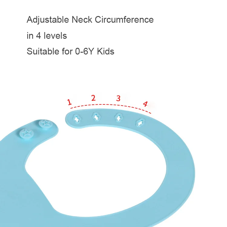 Silicone baby bib worn on a mannequin, showing fit and pocket function