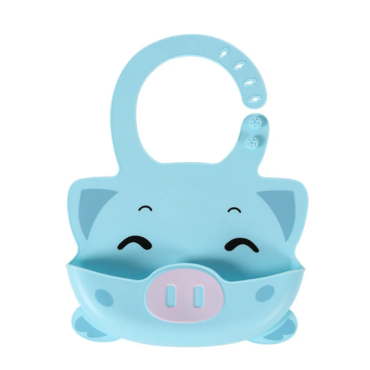 Grey silicone baby bib with the collar fully adjusted and front pocket open
