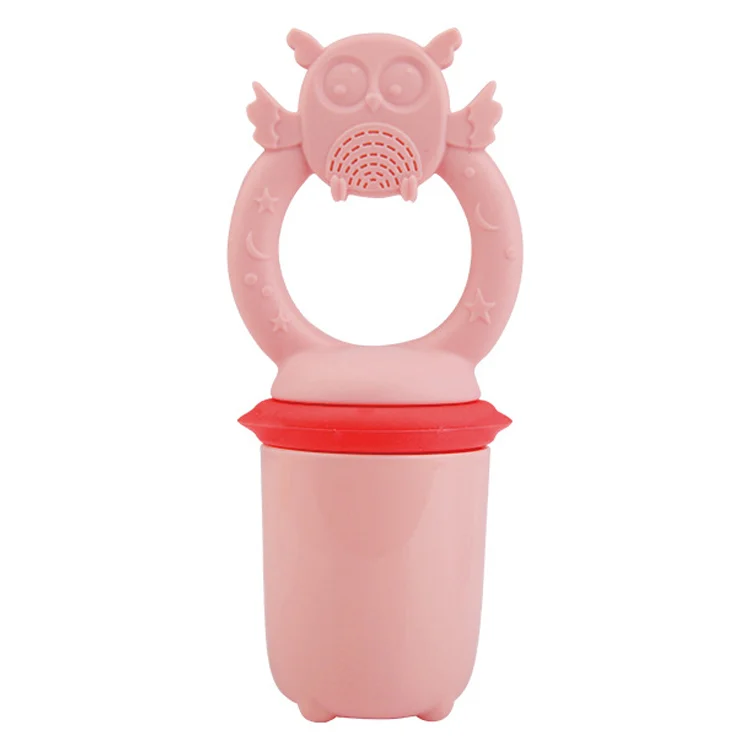Owl-shaped silicone baby feeder pacifier with open pouch and cap