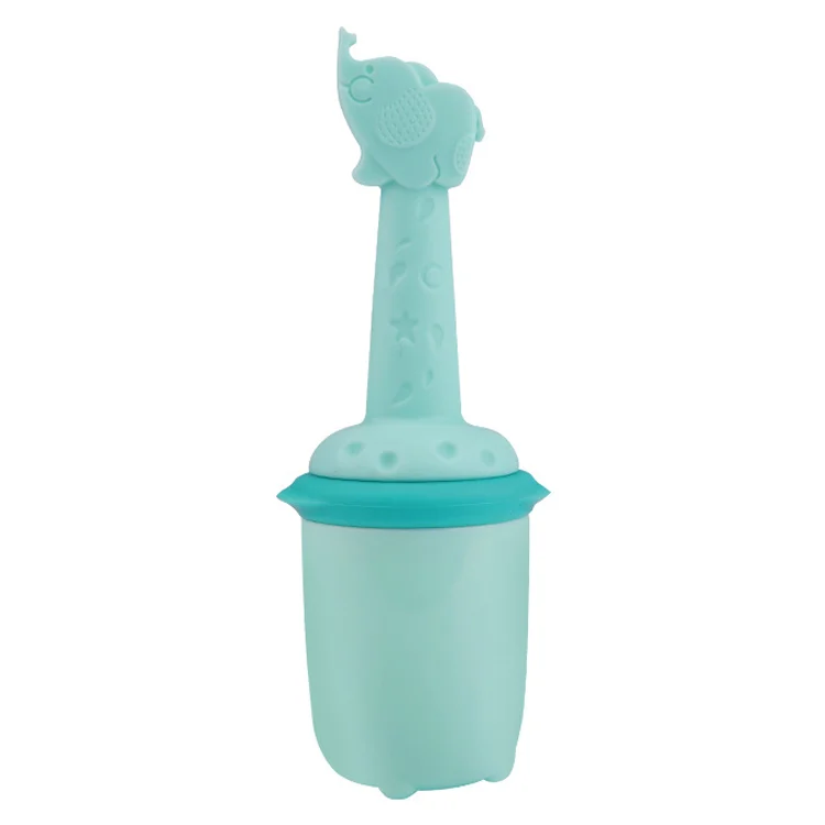 Elephant-shaped silicone baby feeder pacifier with food inside the pouch