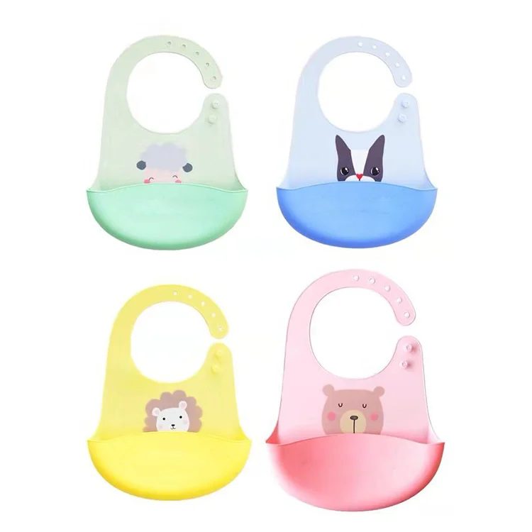 Silicone baby bib lying flat with the adjustable buttons visible