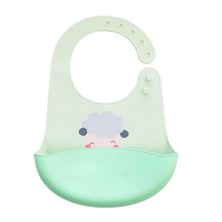 Blue silicone baby bib with adjustable neck and open pocket