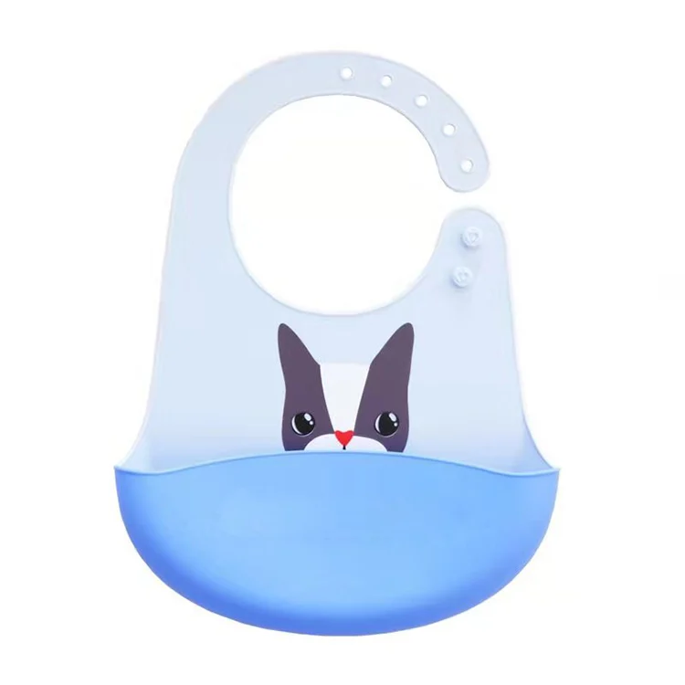 Pink adjustable silicone baby bib with large pocket and buttoned collar