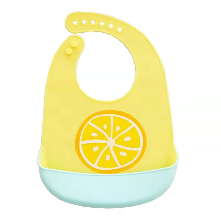 White silicone baby bib with adjustable neck buttons, front view