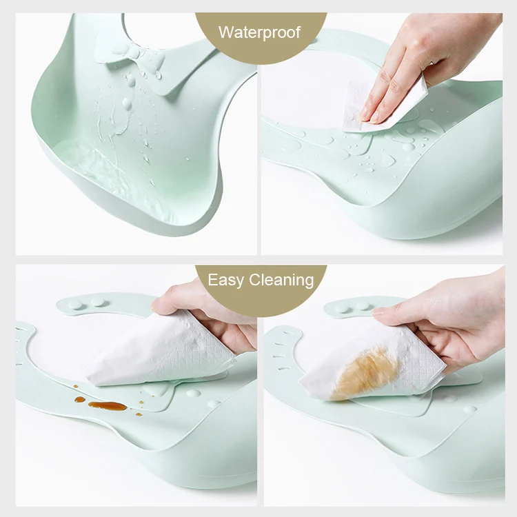 Foldable silicone baby bib placed on a baby’s lap during feeding