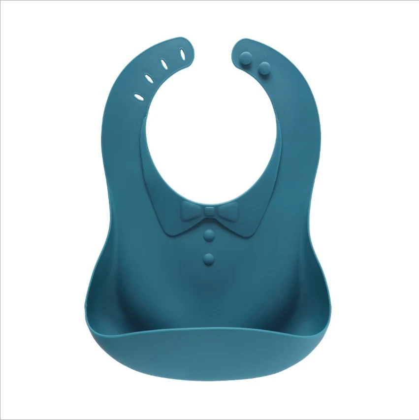 Blue foldable silicone baby bib with adjustable collar, showing button fastening