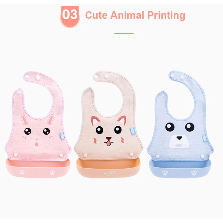 Baby bib in a folded state with tray tucked inside, packed in OPP bag