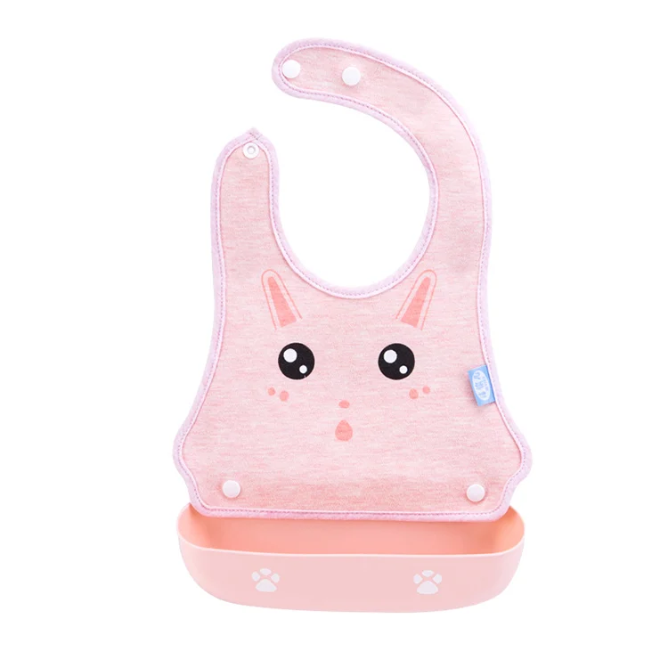 Pink soft neck seal baby bib with detachable silicone tray, front view