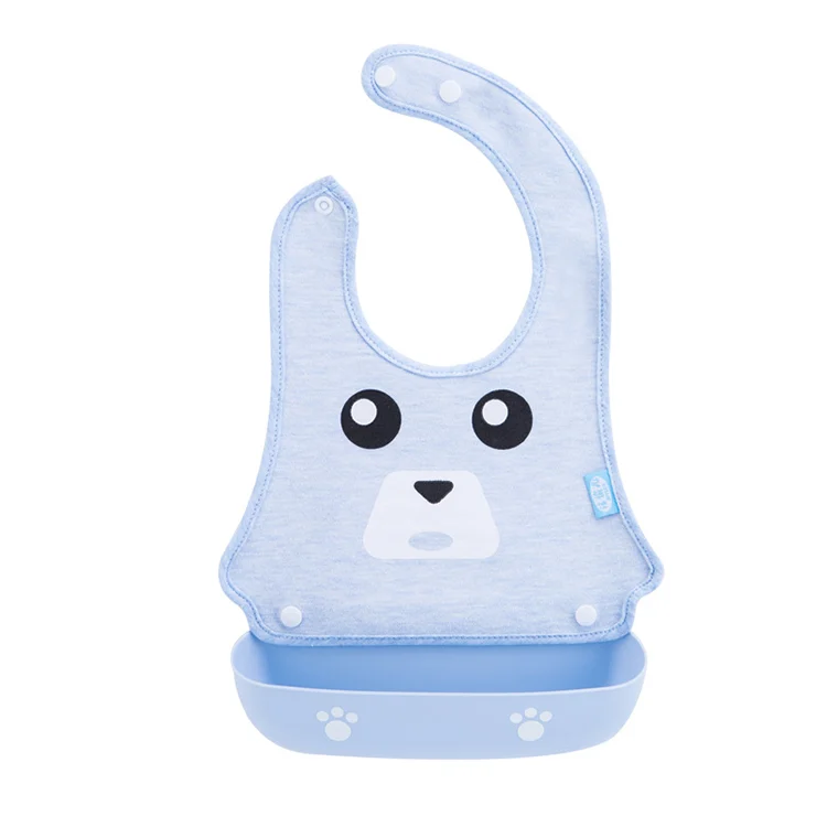 Blue baby bib with detachable tray and adjustable collar, side view