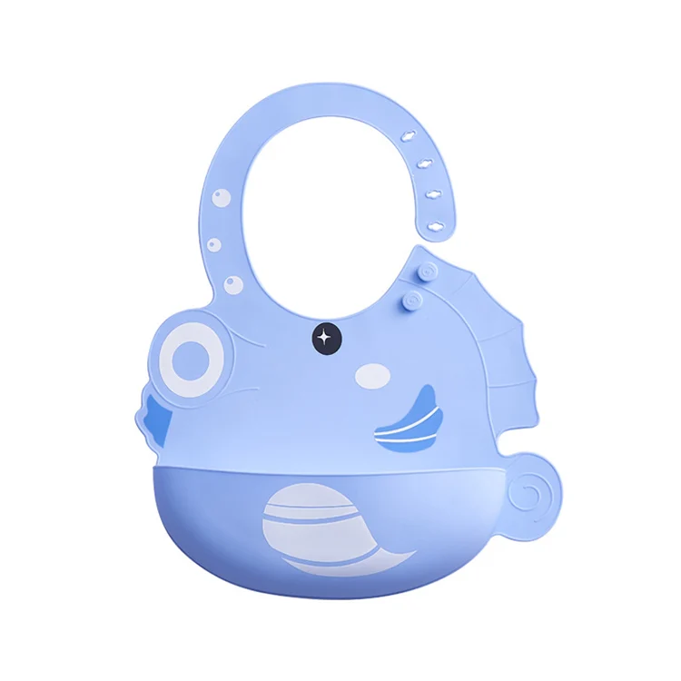 Green silicone feeding bib with the adjustable collar open and buttons visible