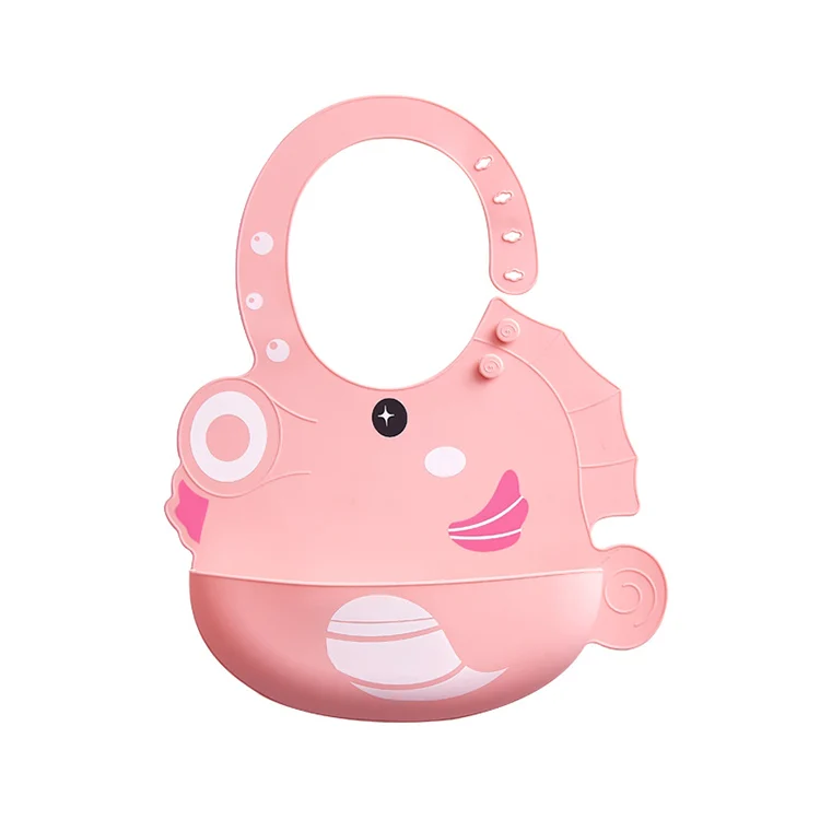Pink seahorse-shaped silicone baby feeding bib with adjustable collar