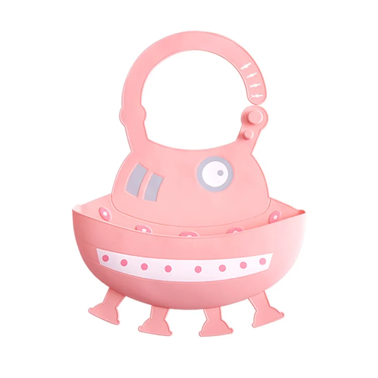Pink silicone baby bib with adjustable collar, standing upright