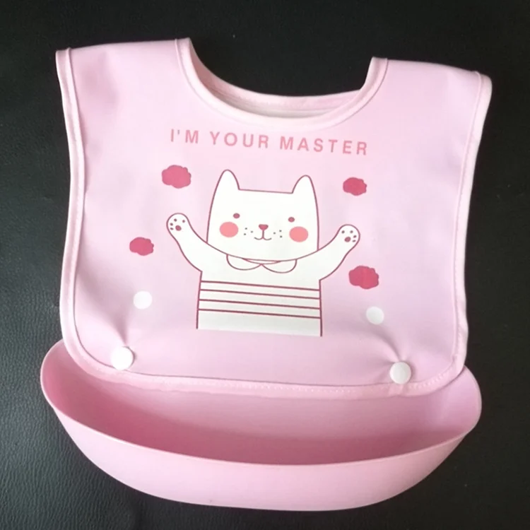 Blue baby bib with tray detached, showing neck seal and body