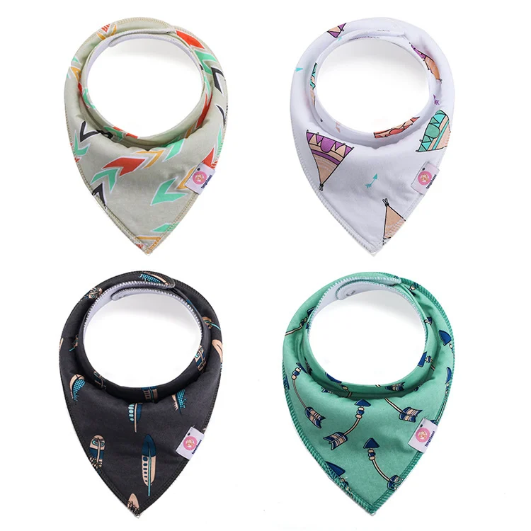 4-pack of bandana bibs in OPP bags, laid out in a row