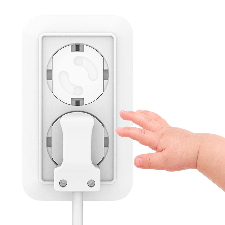 Socket cover in use on a wall socket, with the cover locked and closed