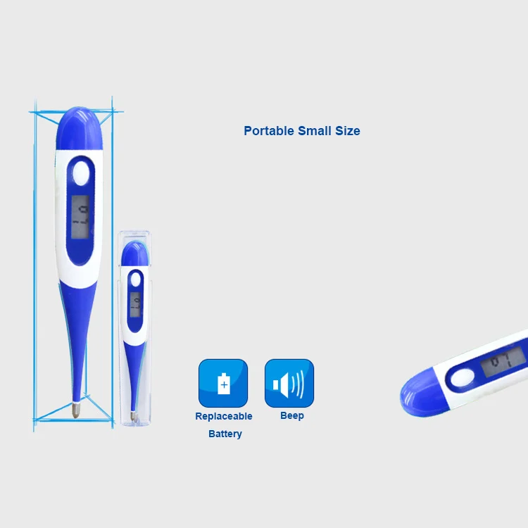 Digital thermometer with the tip and display clearly visible