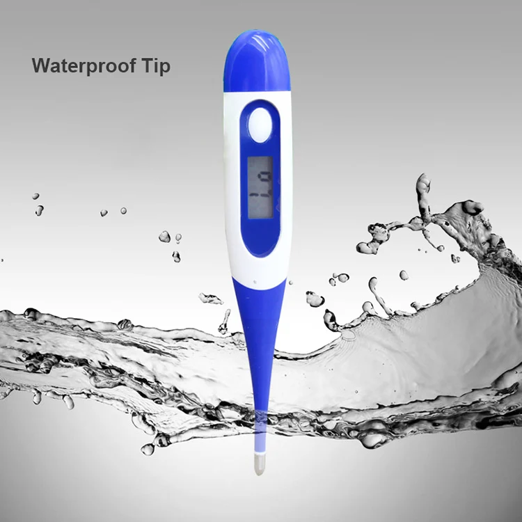 Digital thermometer with the tip inserted into a mouth, showing use
