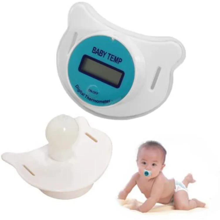 Pacifier thermometer placed in a baby's mouth, showing natural fit