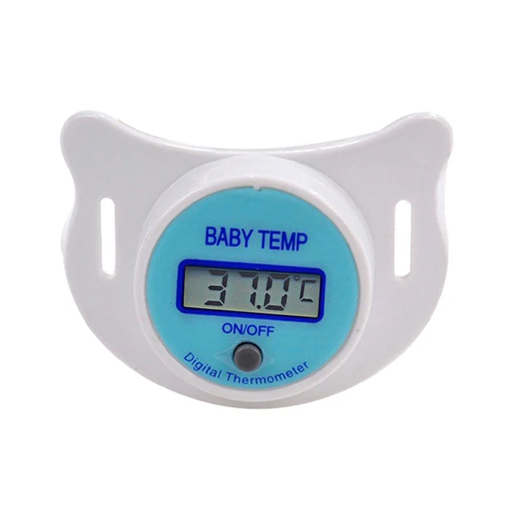 White pacifier thermometer with LCD display, upright in gift box