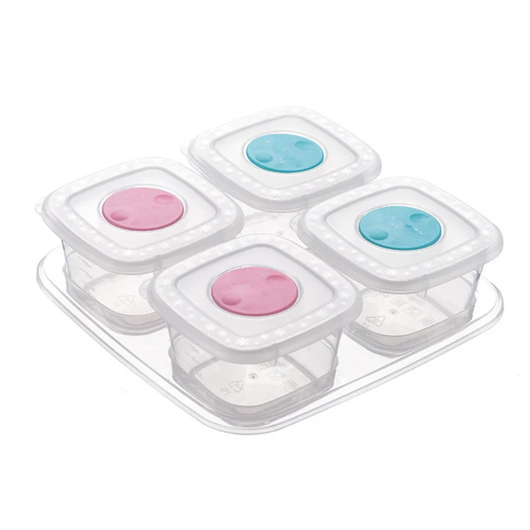 Six 60ml PP baby food containers with lids and tray, standing upright in a gift box