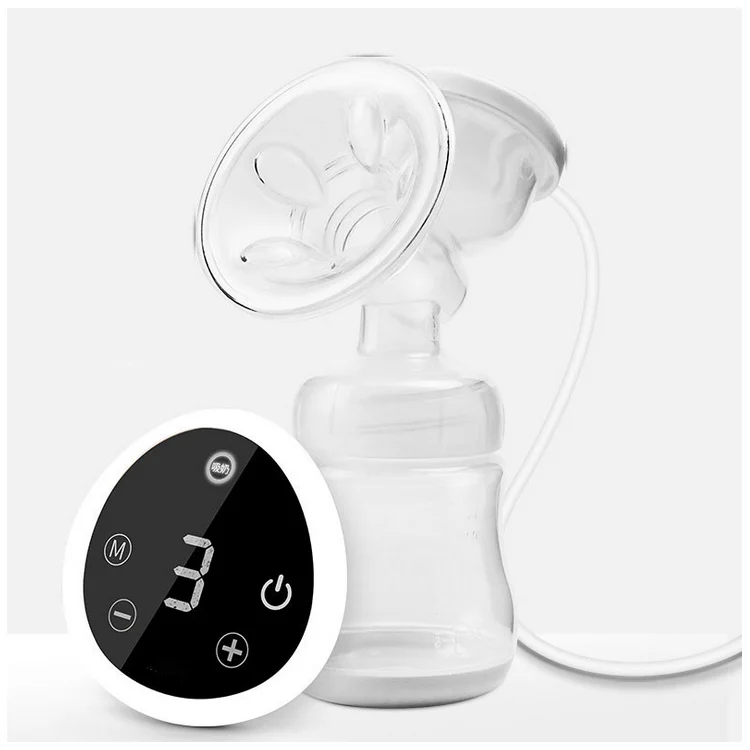 Black portable breast pump in use with a mother holding it
