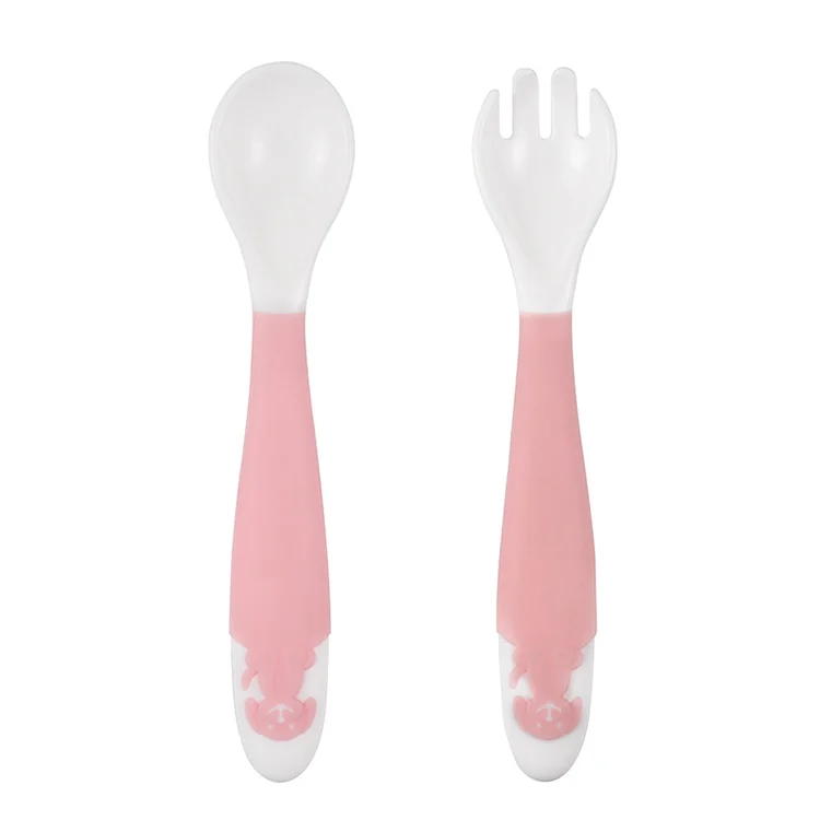 Blue bendable spoon and fork set with flexible handle bent forward