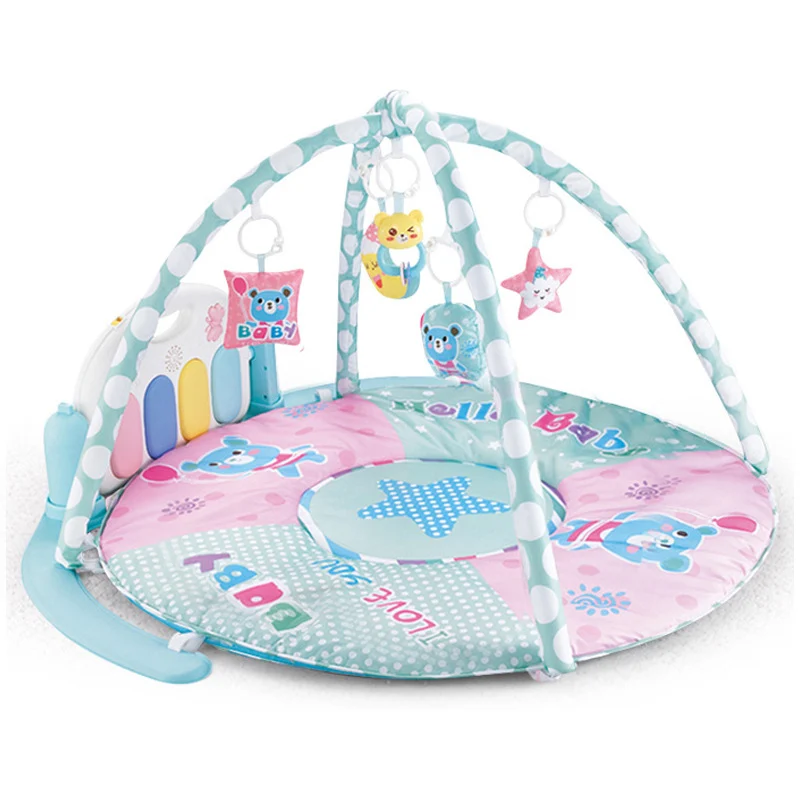Foldable baby play piano gym mat in pink with rotatable piano and rattle pendants