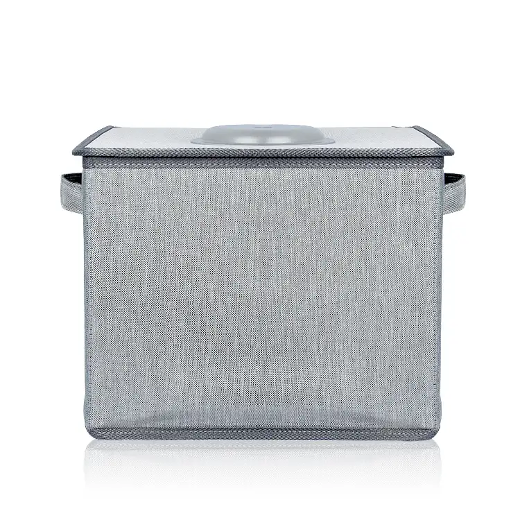 Foldable UV sterilizer bag box in white, open with UV lights on