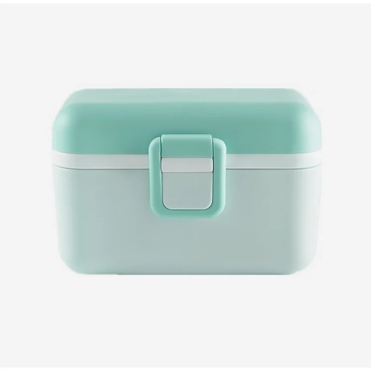 Blue 380g milk powder container with lid closed and detachable silicone gasket visible
