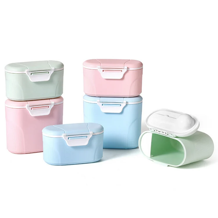 Blue 280ml milk powder container with lid closed and detachable silicone seal visible
