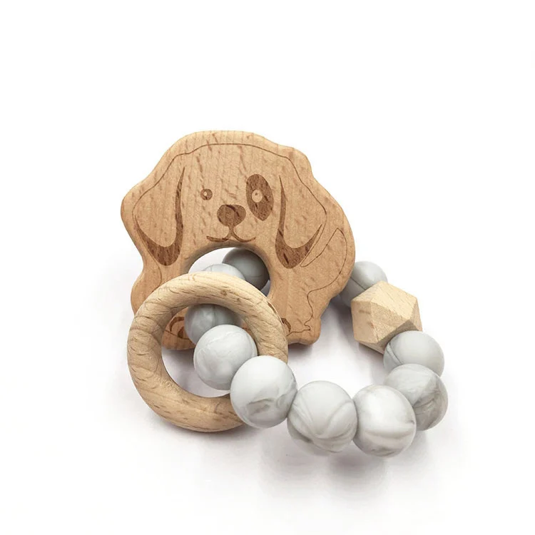 Animal-shaped silicone teether with beech wood core and soft silicone beads