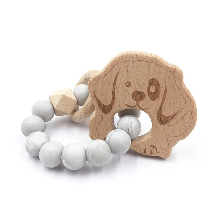 Teether toy from the side showing the wooden core and silicone bead design