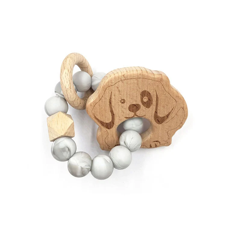 Teether toy in a natural wood and white silicone colour combination