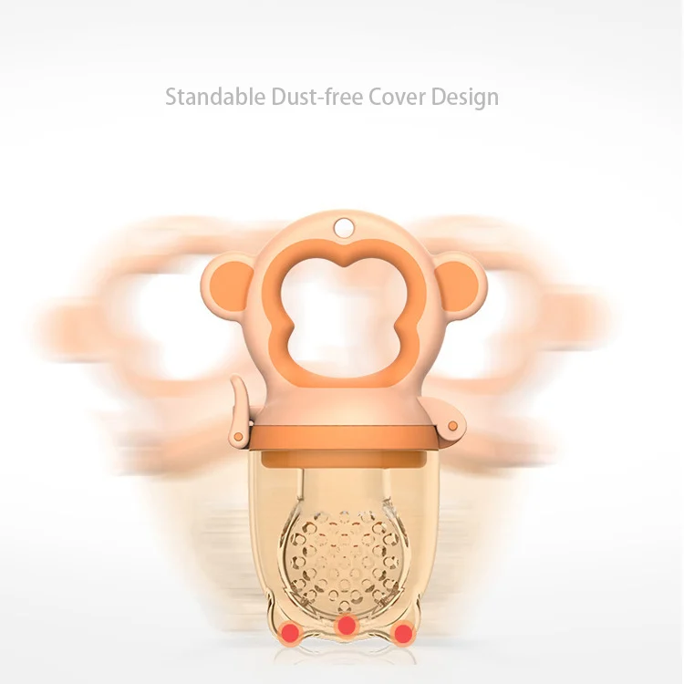 Fruit feeder pacifier in use with a baby sucking on the teat
