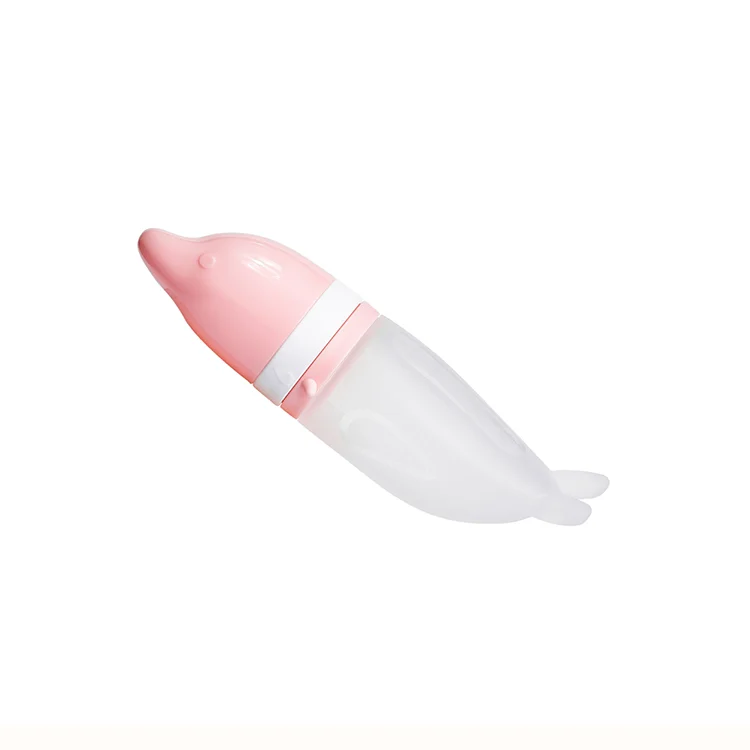 Blue silicone feeding spoon with the hygienic cover twisted off, showing the spoon end