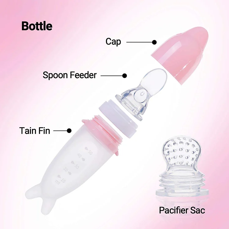 Silicone feeding spoon with the pacifier fin and mesh bag in use