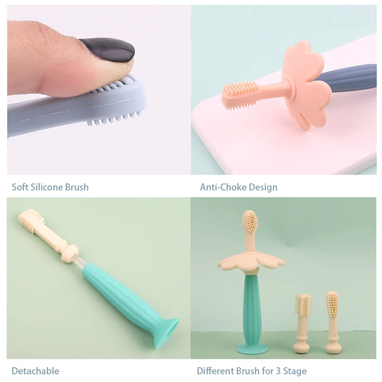Toothbrush in use with a baby's hand holding the mushroom handle