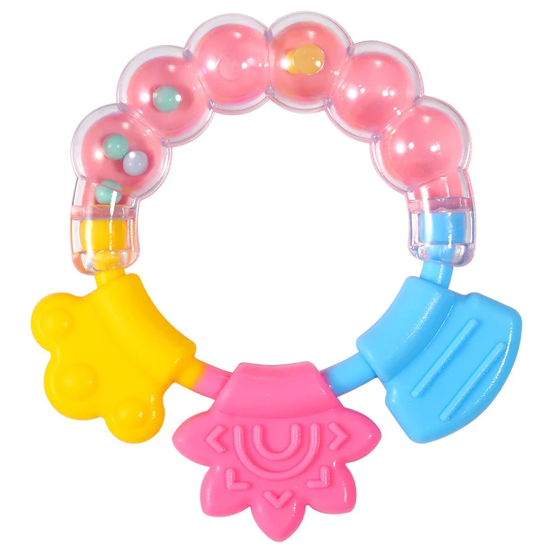 Yellow infant rattle teether with varied textures and a fixed sound component