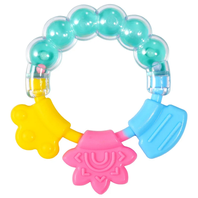 Green infant rattle teether with soft silicone teethers and internal sound element visible