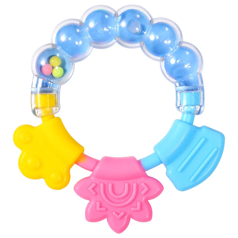 Blue plastic and silicone infant rattle teether with sound, showing multiple textures and shapes