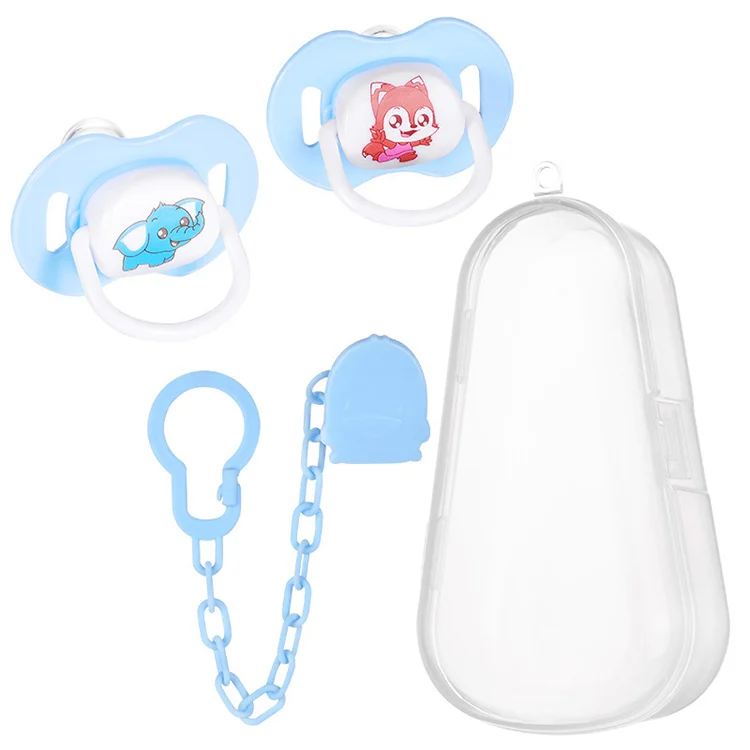 Pink 3-in-1 pacifier set with anti-lost clip and two pacifiers in PP storage box