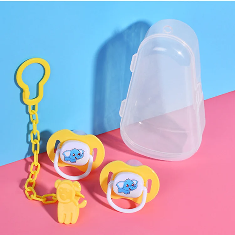 Blue pacifier set with plastic sliding clip attached to baby's clothing
