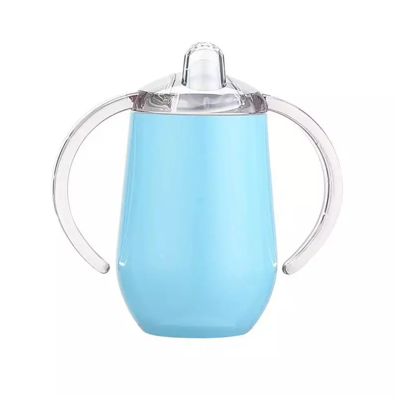 White 10 oz insulated sippy cup with lid and handle detail
