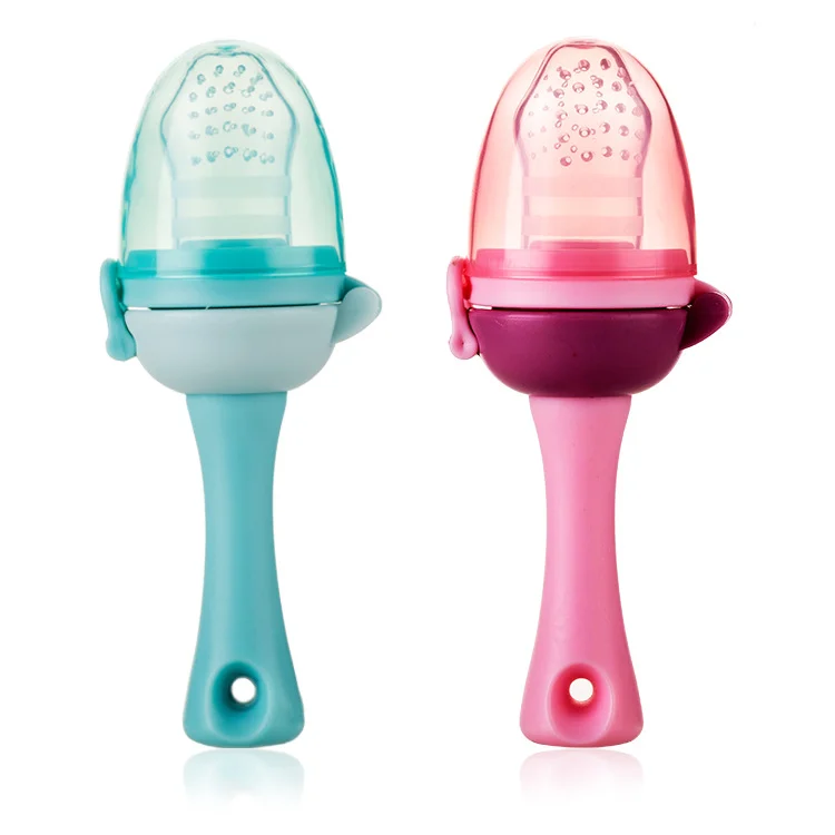 Adjustable baby fresh food fruit feeder pacifier with clip, white silicone cover and blue clip