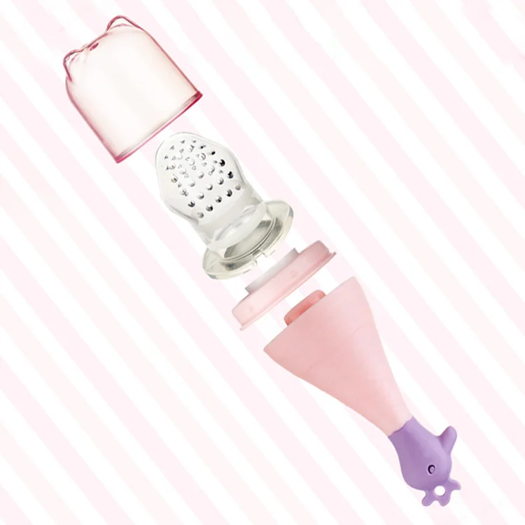 Baby fruit feeder pacifier with anti-slip handle, showing the full product in OPP bag