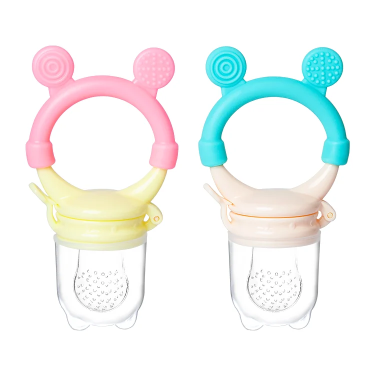 Pink silicone teether food feeder with ear-shaped top and anti-dust cover