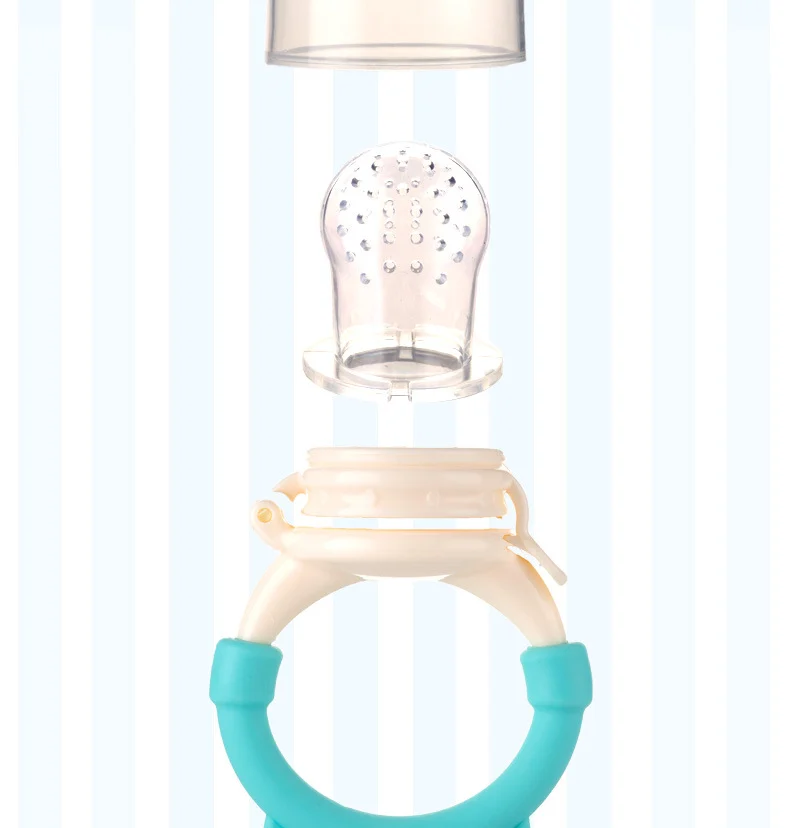Silicone teether food feeder placed on a white surface with the cover standing